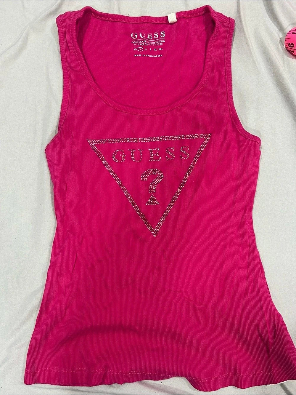 GUESS Rhinestone Triangle Logo Ribbed Tank Top Pink